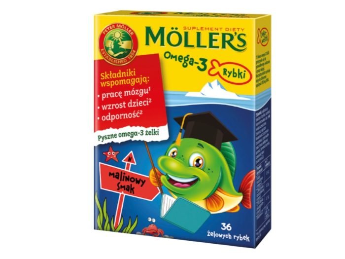 Moller's Omega-3 Rybki, żelki, smak malinowy, 36 sztuk
