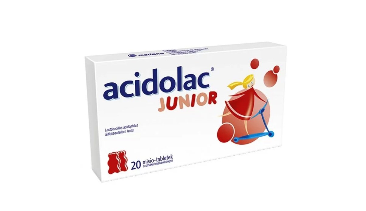 Acidolac Junior, dla dzieci od 3 lat, smak truskawkowy, 20 misio-tabletek