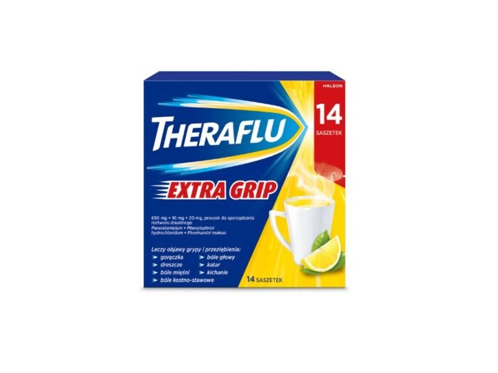 Theraflu Extra Grip 650 mg + 10 mg + 20 mg, proszek do sporządzania roztworu doustnego, 14 saszetek