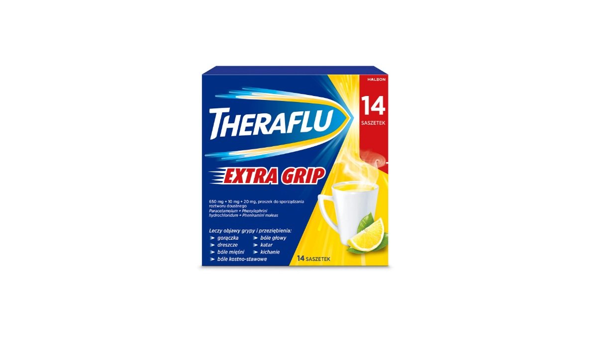 Theraflu Extra Grip 650 mg + 10 mg + 20 mg, proszek do sporządzania roztworu doustnego, 14 saszetek